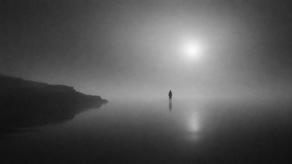 Uomo avvolto nella nebbia, dove le tonalità do colore utilizzate sono nero e grigio.
