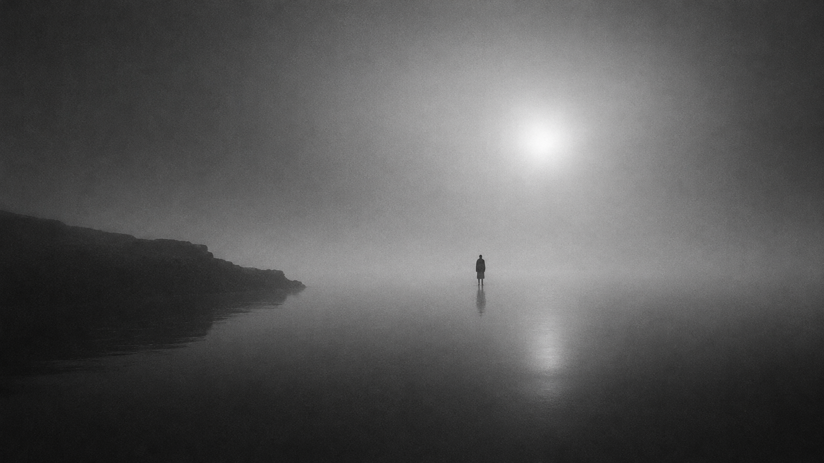 Uomo avvolto nella nebbia, dove le tonalità do colore utilizzate sono nero e grigio.